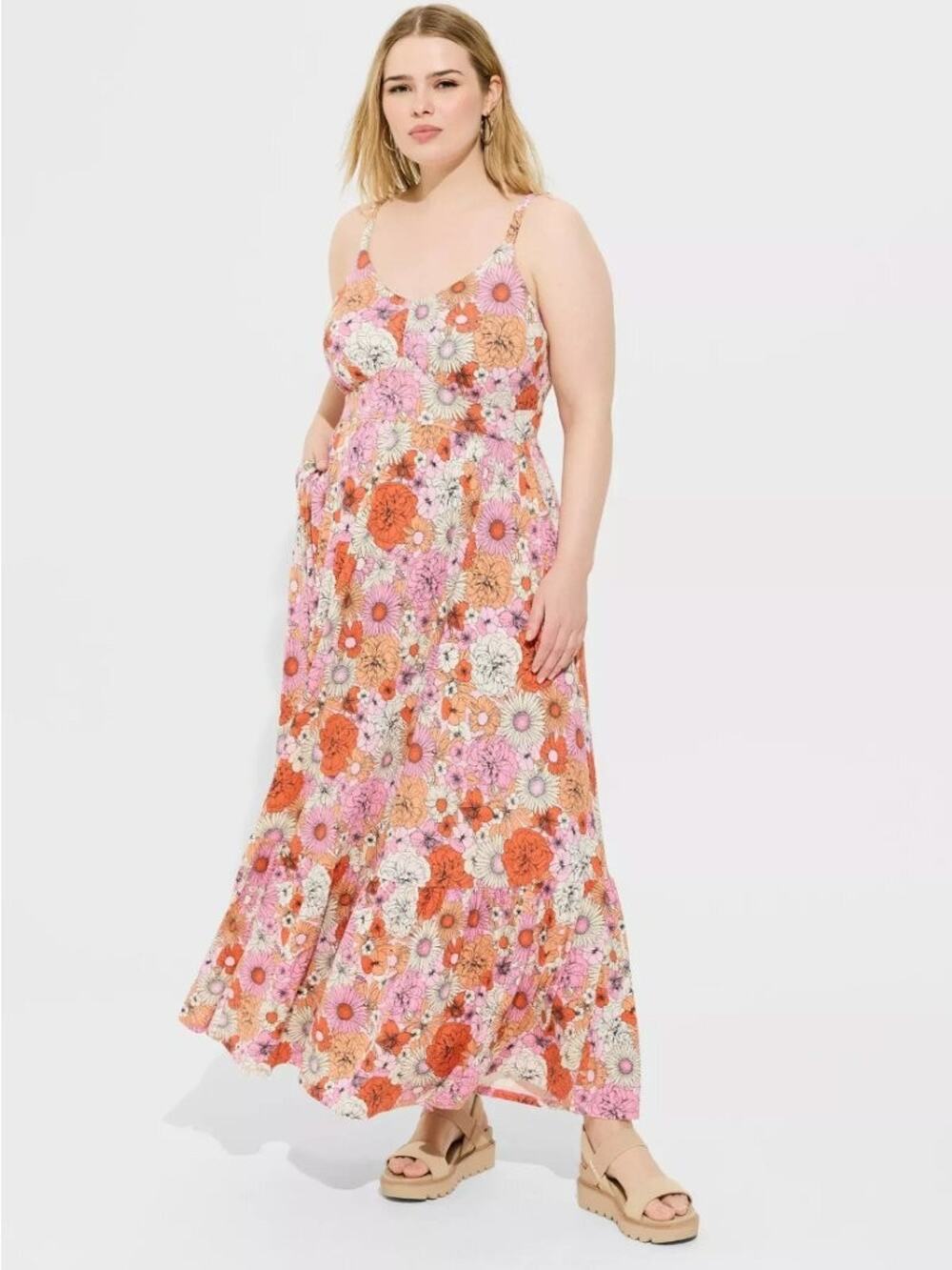 NWT Torrid Maxi Supersoft Tiered Dress Retro Floral Almond Blossom Sz 3 3x 22-24